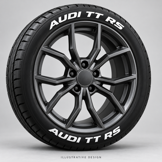 Illustrative AUDI TT RS tire lettering mockup; not an actual installation photograph.