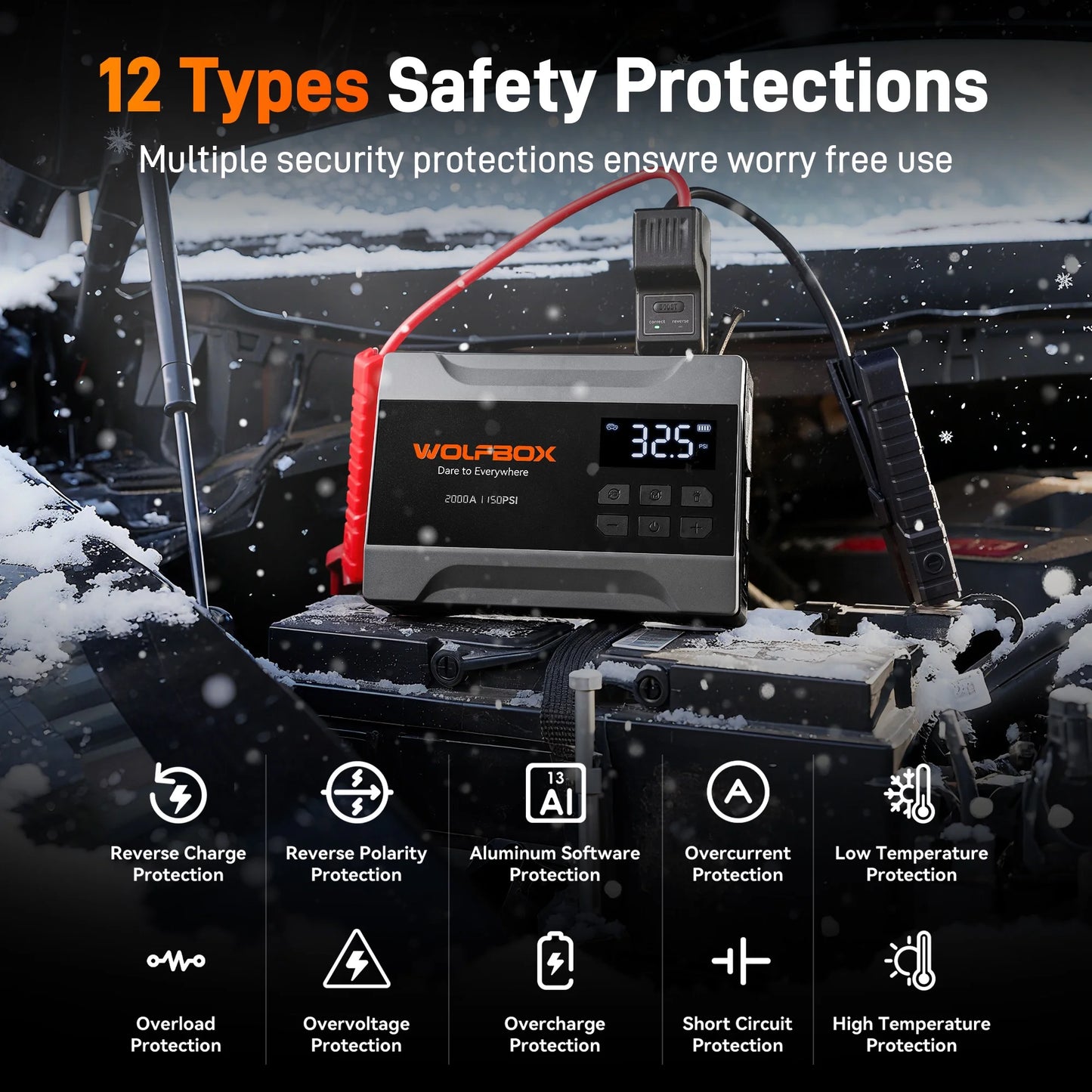 Car Jump Starter with Air Compressor, 2000A 150PSI Portable Car Battery Jump Box(5.0L Gas) with Digital Tire Inflator, 12V