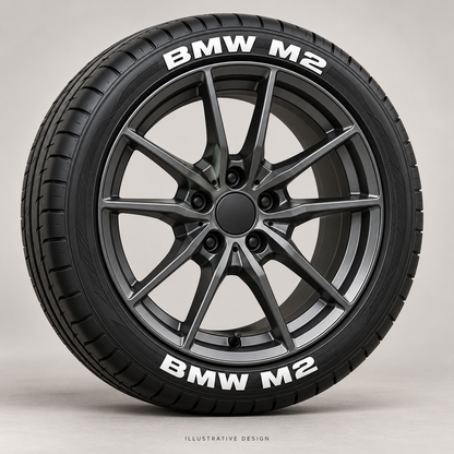Illustrative BMW M2 tire lettering mockup; not an actual installation photograph.