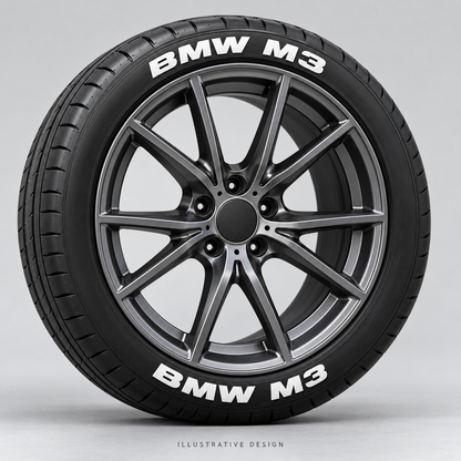 Illustrative BMW M3 tire lettering mockup; not an actual installation photograph.