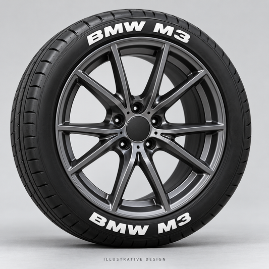 Illustrative BMW M3 tire lettering mockup; not an actual installation photograph.