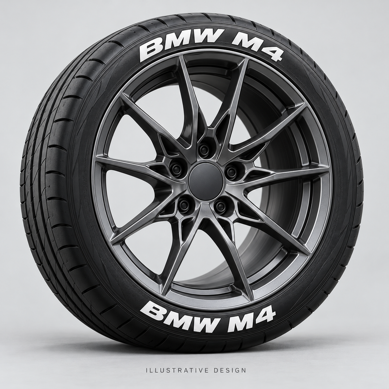 Illustrative BMW M4 tire lettering mockup; not an actual installation photograph.