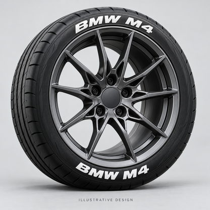 Illustrative BMW M4 tire lettering mockup; not an actual installation photograph.