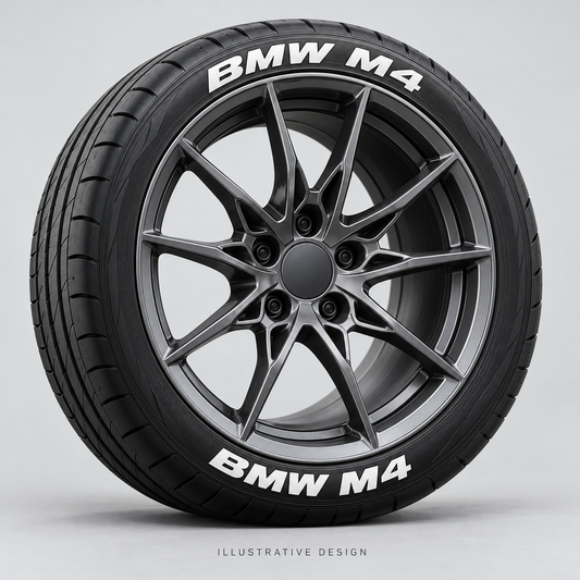 Illustrative BMW M4 tire lettering mockup; not an actual installation photograph.