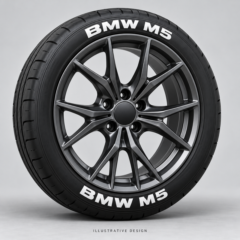 Illustrative BMW M5 tire lettering mockup; not an actual installation photograph.
