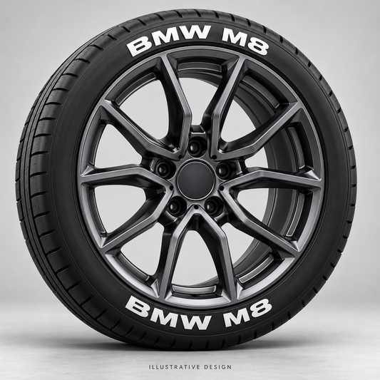 Illustrative BMW M8 tire lettering mockup; not an actual installation photograph.