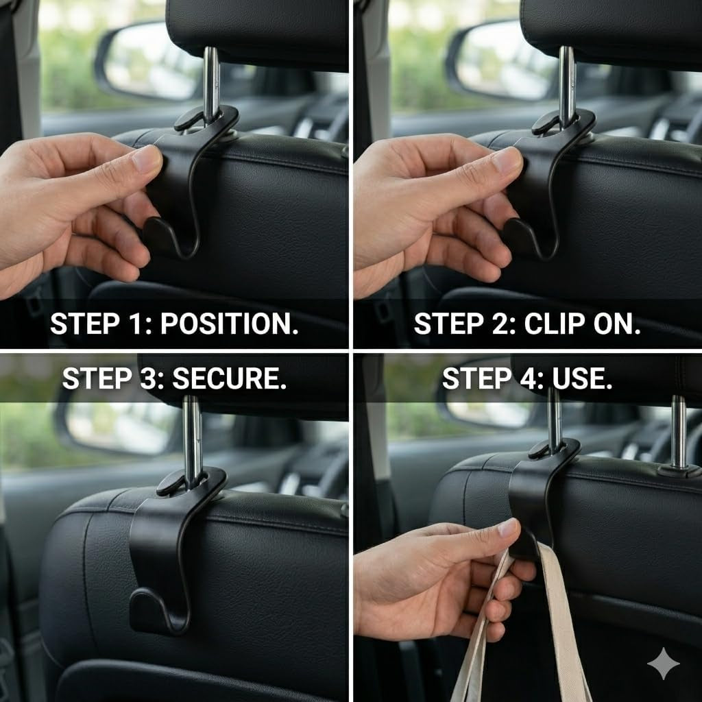 4-Pack Car Seat Headrest Hooks – Universal Backseat Bag Hangers