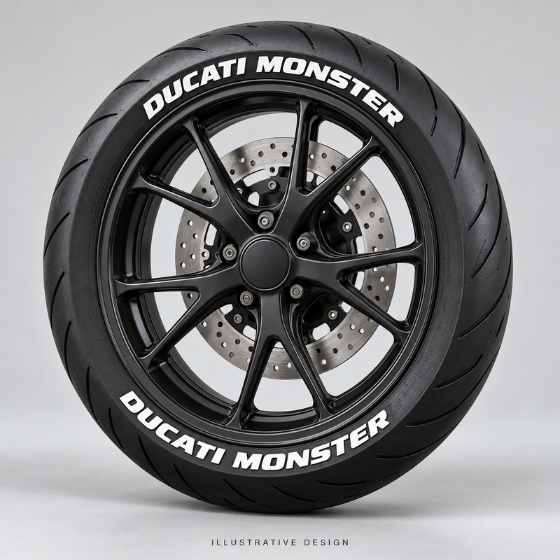 Illustrative DUCATI MONSTER tire lettering mockup; not an actual installation photograph.