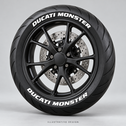 Illustrative DUCATI MONSTER tire lettering mockup; not an actual installation photograph.
