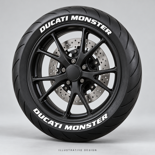 Illustrative DUCATI MONSTER tire lettering mockup; not an actual installation photograph.