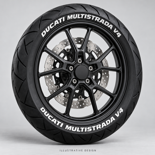 Illustrative DUCATI MULTISTRADA V4 tire lettering mockup; not an actual installation photograph.