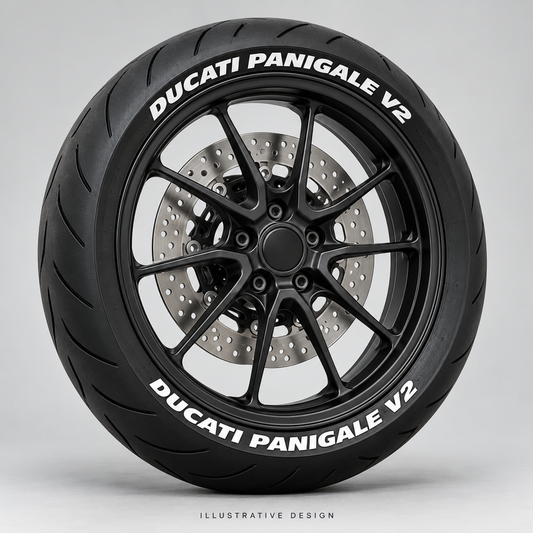 Illustrative DUCATI PANIGALE V2 tire lettering mockup; not an actual installation photograph.