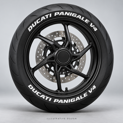 Illustrative DUCATI PANIGALE V4 tire lettering mockup; not an actual installation photograph.