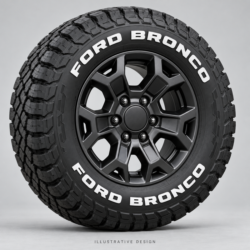 Illustrative FORD BRONCO tire lettering mockup; not an actual installation photograph.