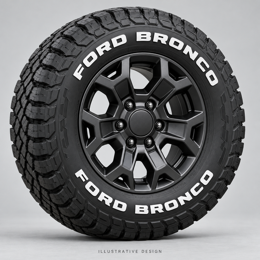Illustrative FORD BRONCO tire lettering mockup; not an actual installation photograph.
