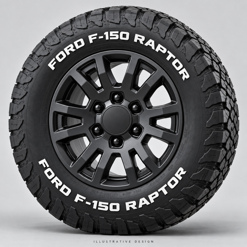 Illustrative FORD F-150 RAPTOR tire lettering mockup; not an actual installation photograph.