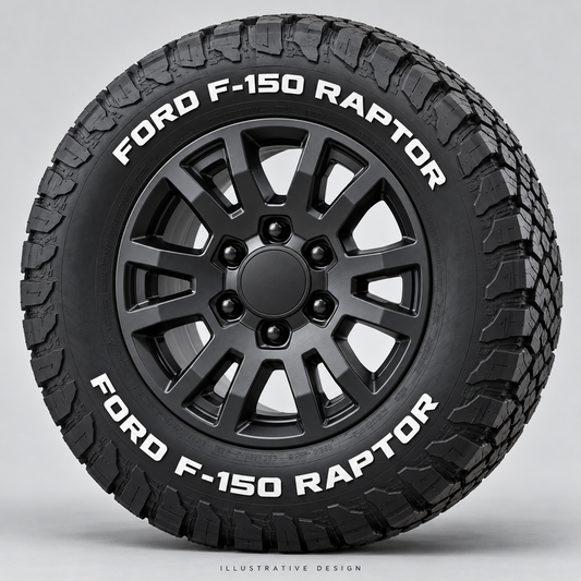 Illustrative FORD F-150 RAPTOR tire lettering mockup; not an actual installation photograph.