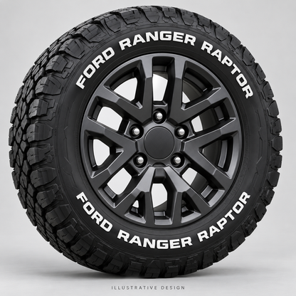 Illustrative FORD RANGER RAPTOR tire lettering mockup; not an actual installation photograph.