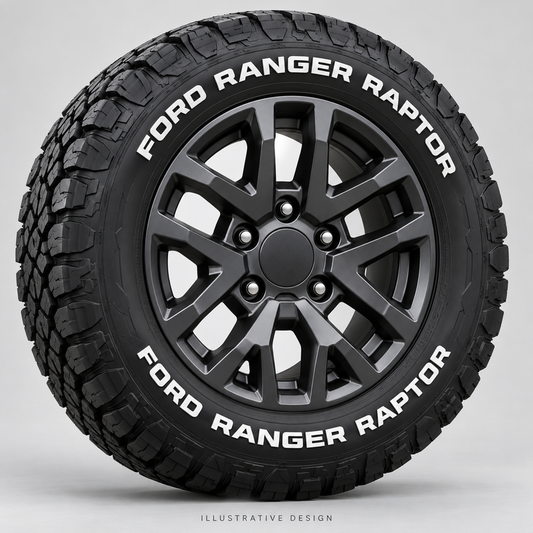 Illustrative FORD RANGER RAPTOR tire lettering mockup; not an actual installation photograph.