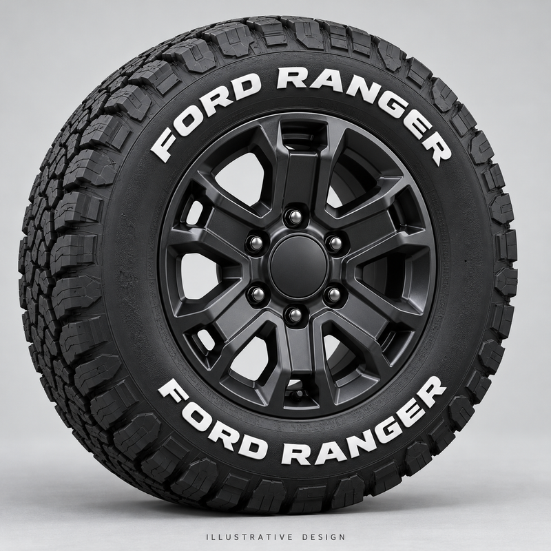 Illustrative FORD RANGER tire lettering mockup; not an actual installation photograph.