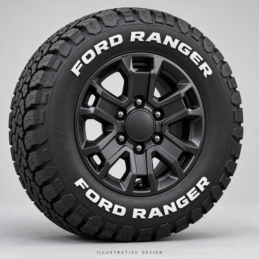 Illustrative FORD RANGER tire lettering mockup; not an actual installation photograph.