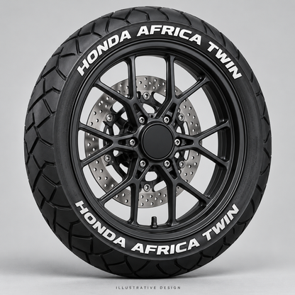 Illustrative HONDA AFRICA TWIN tire lettering mockup; not an actual installation photograph.
