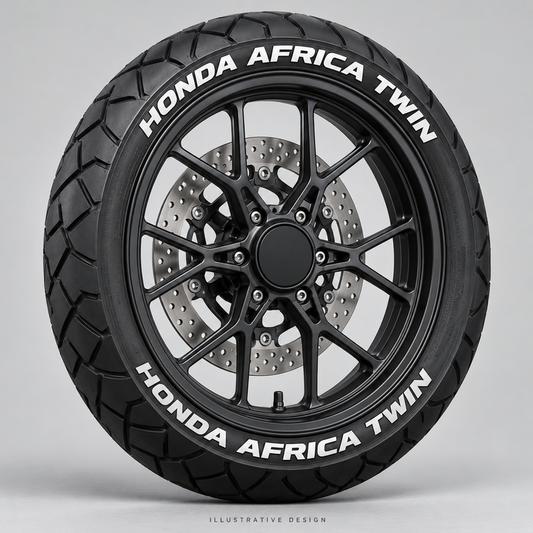 Illustrative HONDA AFRICA TWIN tire lettering mockup; not an actual installation photograph.