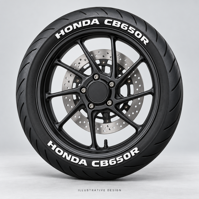 Illustrative HONDA CB650R tire lettering mockup; not an actual installation photograph.