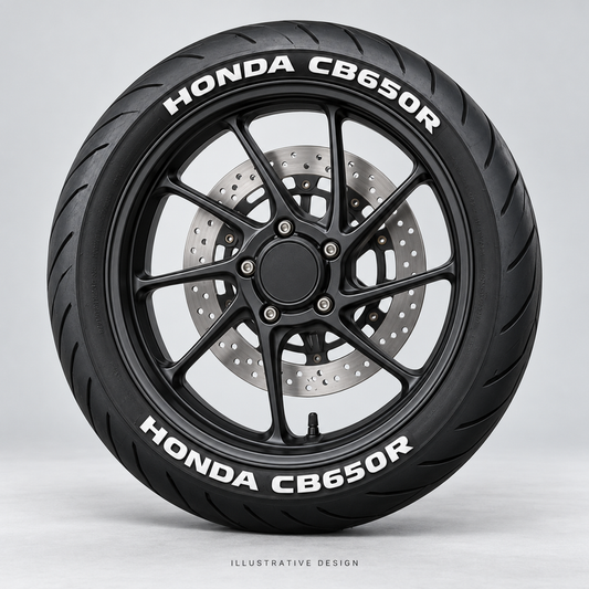 Illustrative HONDA CB650R tire lettering mockup; not an actual installation photograph.