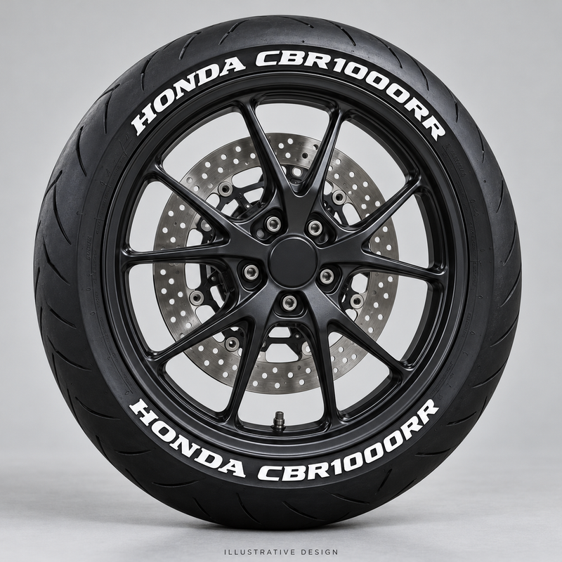 Illustrative HONDA CBR1000RR tire lettering mockup; not an actual installation photograph.