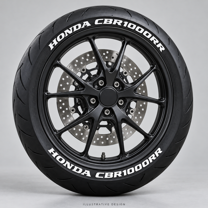 Illustrative HONDA CBR1000RR tire lettering mockup; not an actual installation photograph.