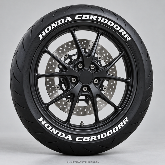 Illustrative HONDA CBR1000RR tire lettering mockup; not an actual installation photograph.