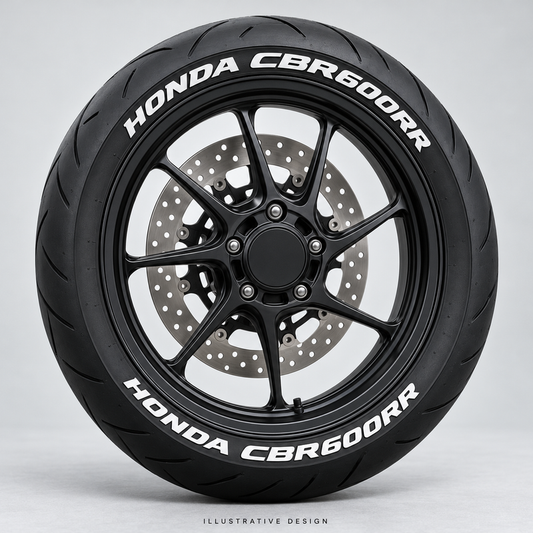 Illustrative HONDA CBR600RR tire lettering mockup; not an actual installation photograph.