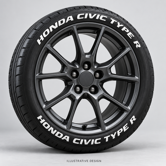 Illustrative HONDA CIVIC TYPE R tire lettering mockup; not an actual installation photograph.