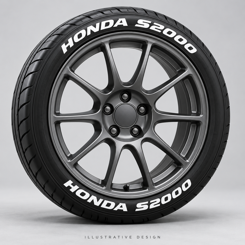 Illustrative HONDA S2000 tire lettering mockup; not an actual installation photograph.