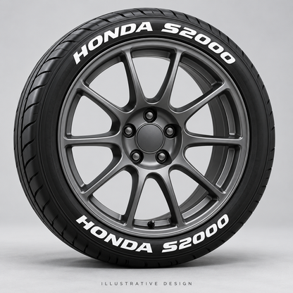 Illustrative HONDA S2000 tire lettering mockup; not an actual installation photograph.