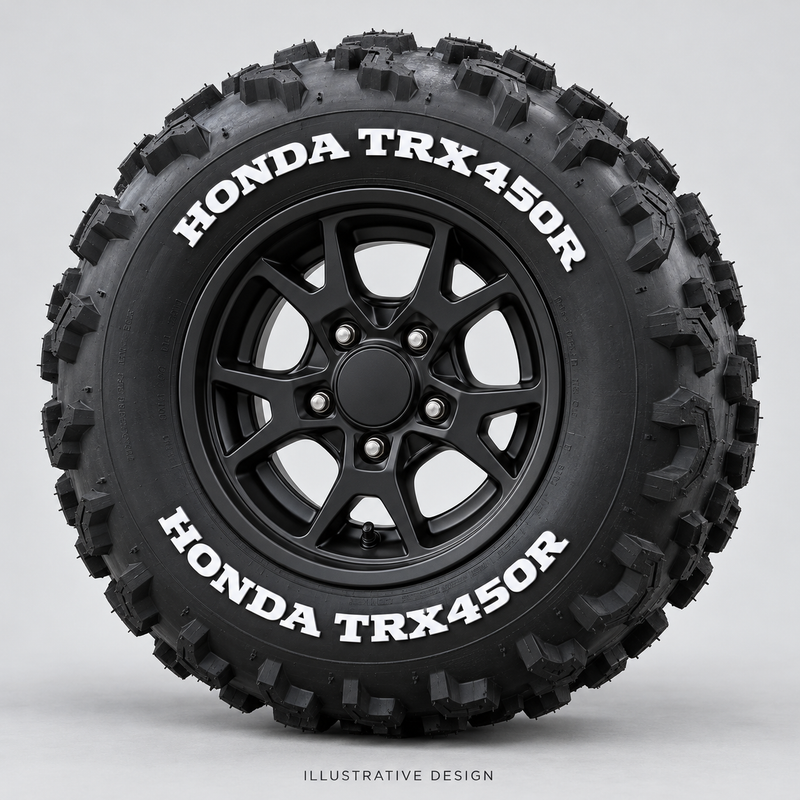 Illustrative HONDA TRX450R tire lettering mockup; not an actual installation photograph.
