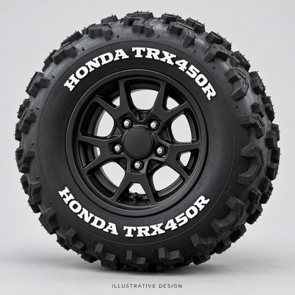 Illustrative HONDA TRX450R tire lettering mockup; not an actual installation photograph.