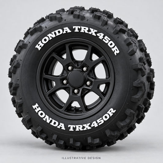 Illustrative HONDA TRX450R tire lettering mockup; not an actual installation photograph.