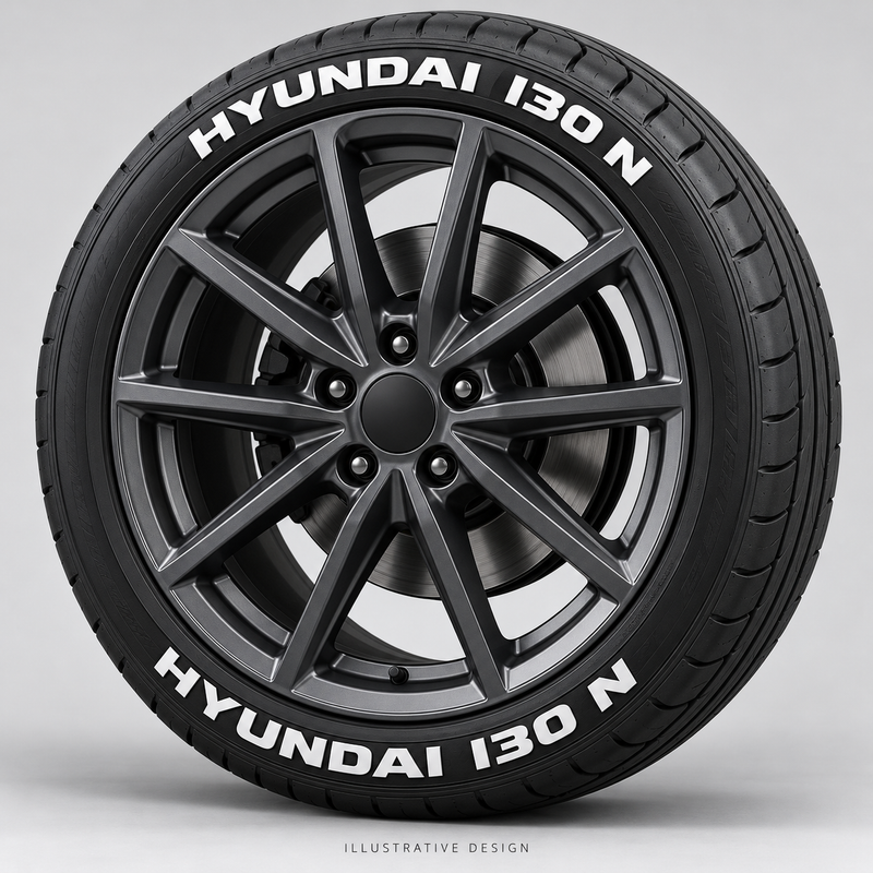 Illustrative HYUNDAI I30 N tire lettering mockup; not an actual installation photograph.