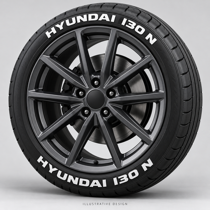 Illustrative HYUNDAI I30 N tire lettering mockup; not an actual installation photograph.