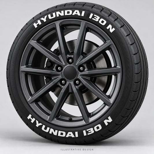 Illustrative HYUNDAI I30 N tire lettering mockup; not an actual installation photograph.