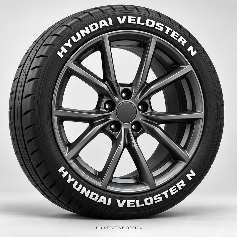 Illustrative HYUNDAI VELOSTER N tire lettering mockup; not an actual installation photograph.