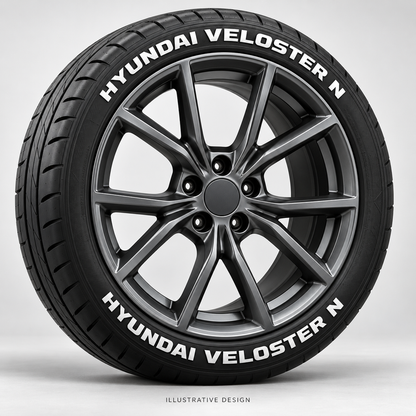 Illustrative HYUNDAI VELOSTER N tire lettering mockup; not an actual installation photograph.