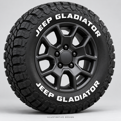 Illustrative JEEP GLADIATOR tire lettering mockup; not an actual installation photograph.
