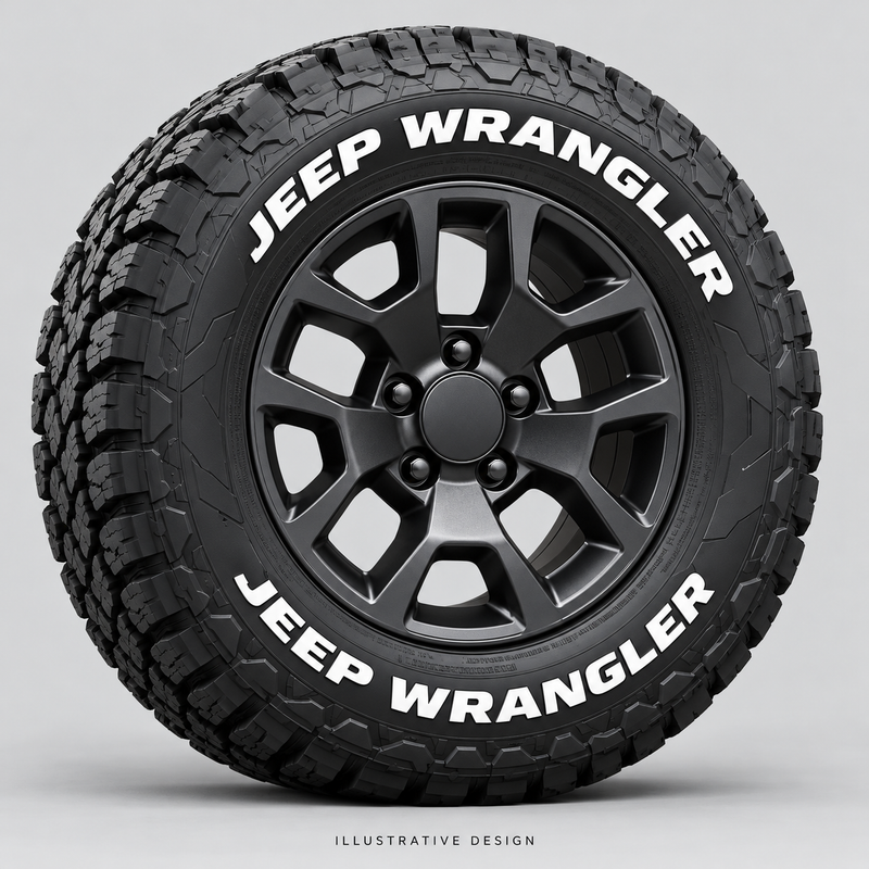 Illustrative JEEP WRANGLER tire lettering mockup; not an actual installation photograph.