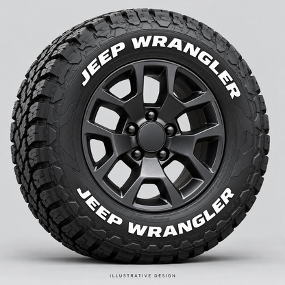 Illustrative JEEP WRANGLER tire lettering mockup; not an actual installation photograph.