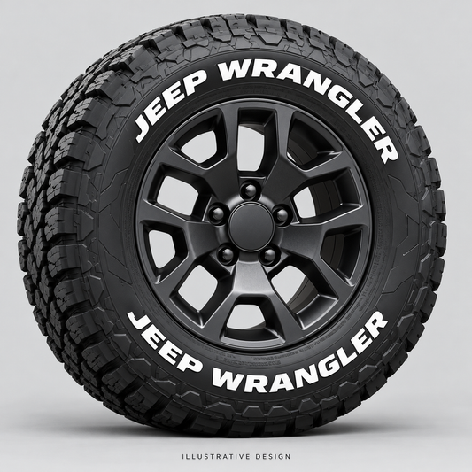 Illustrative JEEP WRANGLER tire lettering mockup; not an actual installation photograph.