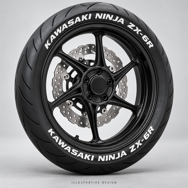 Illustrative KAWASAKI NINJA ZX-6R tire lettering mockup; not an actual installation photograph.