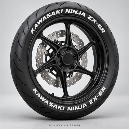 Illustrative KAWASAKI NINJA ZX-6R tire lettering mockup; not an actual installation photograph.